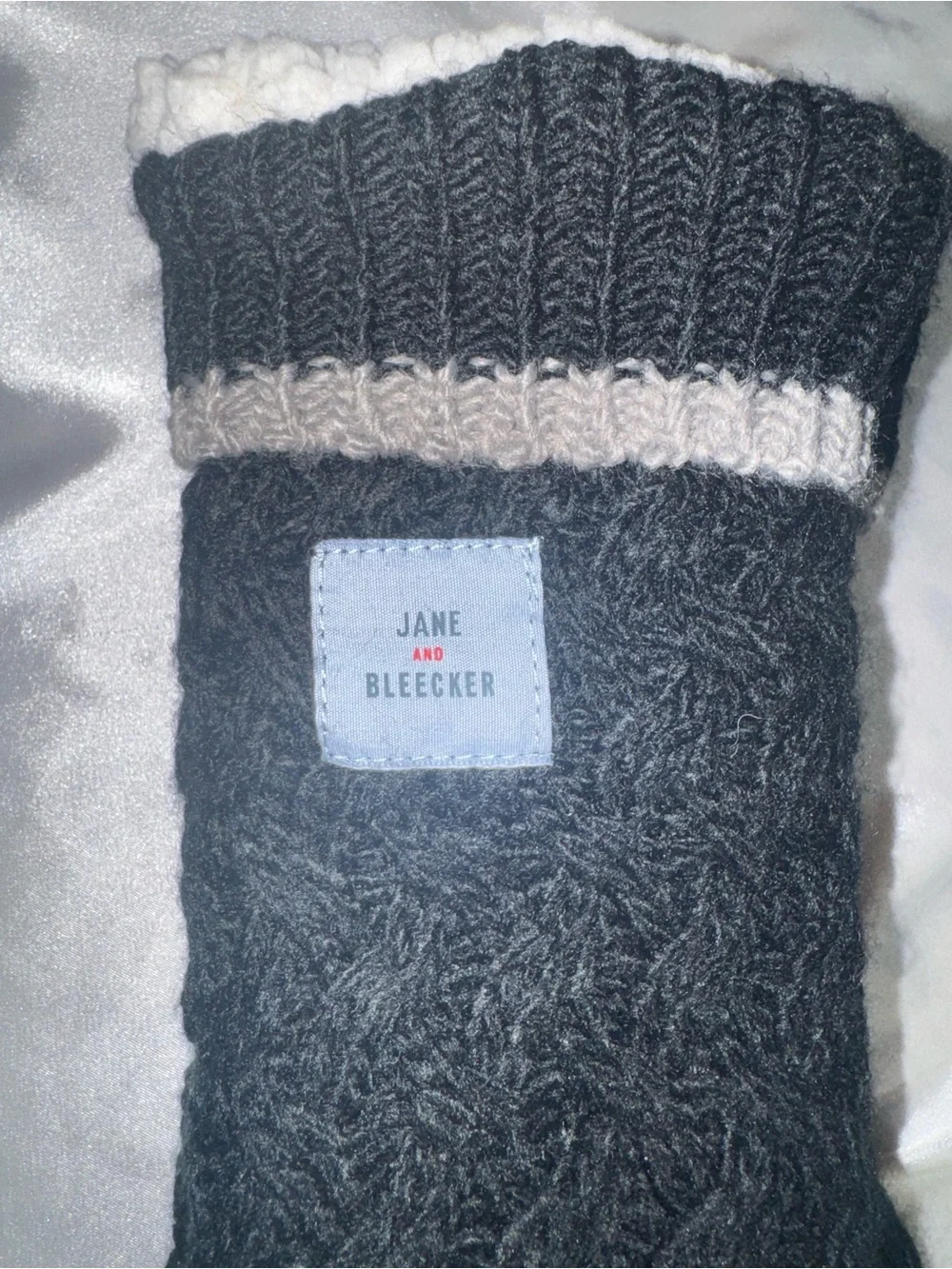 Jane and Bleecker Gray and Black Knit Pom-Pom Fleece-Lined Slipper Socks